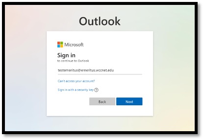 Sign in screen to Outlook