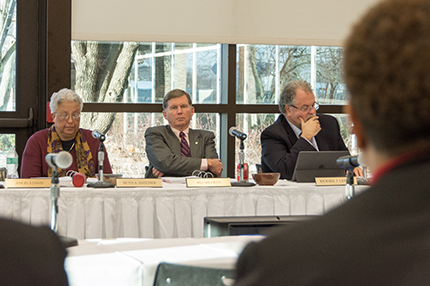 CJ South WCC trustees (from left) Ruth Hatcher, Bill Milliken Jr., and Dr. Richard J. Landau at the Board of Trustees' meeting on Nov. 28, 2017.