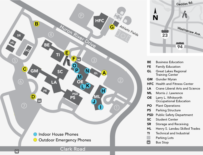 A map of indoor house phones and outdoor emergency phones